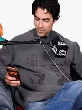 Full front view of the grey fleece Hey Jonas Podcast 2026 Joe Jonas Sweatshirt showcasing its relaxed fit.