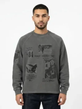 Model wearing the grey fleece Hey Jonas Podcast 2026 Joe Jonas Sweatshirt in a casual street setting.