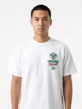 Model wearing the crisp white Hidden NY FIFA World Cup Final T-Shirt in a relaxed street-style setting.