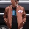 Front view of the brown satin Howie Mandel America’s Got Talent Brown Jacket detailing the rib knitted hem and front zip closure.