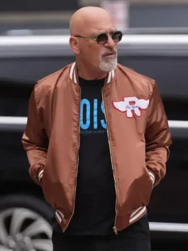 Front view of the brown satin Howie Mandel America’s Got Talent Brown Jacket detailing the rib knitted hem and front zip closure.