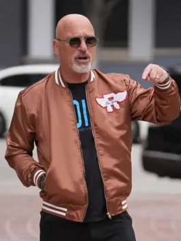 Full front view of the brown satin Howie Mandel America’s Got Talent Brown Jacket highlighting three convenient utility pockets.
