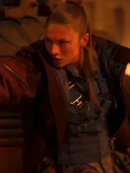 Close-up front profile of the maroon Blade Runner 2099 Hunter Schafer Cropped Jacket detailing the wide lapel collar and front zip closure.