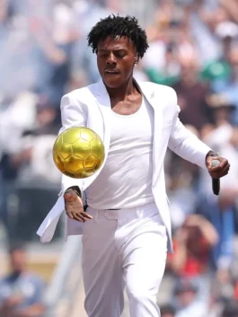 Front view of the white IShowSpeed FIFA World Cup 2026 Closing Ceremony Suit showcasing the matching full-length trousers and sharp fit.