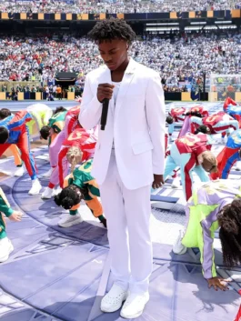 White suiting fabric IShowSpeed World Cup Closing Ceremony Suit highlighting the clean button front and functional pockets.