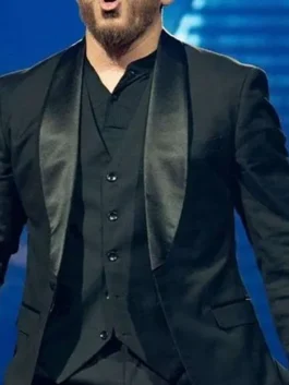 Black suiting fabric Pitbull I’m Back Tour 2026 Black Blazer featuring a shawl lapel collar and button closure.