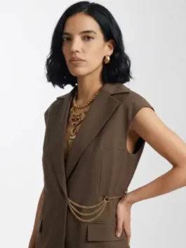 Rich brown suiting fabric In the City Danielle Olivera Brown Vest featuring a lapel collar and belted button front.