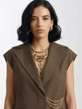 Front view of the brown suiting fabric In the City Danielle Olivera Brown Vest detailing the lapel collar and waist belt.