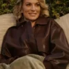 Close-up profile of the brown In the City Lindsay Hubbard Leather Jacket detailing the shirt collar and front hardware.
