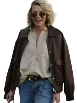 Front view of the brown real leather In the City Lindsay Hubbard Leather Jacket highlighting full length sleeves and crisp stitching.