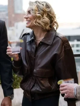 Full front view of the brown real leather In the City Lindsay Hubbard Leather Jacket showcasing its relaxed drape and full sleeves.