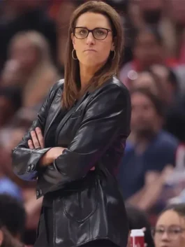 Black real leather Stephanie White Indiana Fever Leather Blazer featuring a lapel collar and button closure.