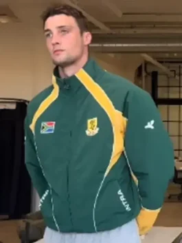 Close-up view of the South Africa Intra Nations Jacket highlighting the green and yellow sporty fabric.