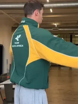 Side profile of the green and yellow South Africa Intra Nations Jacket showing a clean athletic shape.