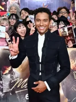 Front view of the Jaafar Jackson Michael Premiere Black Jacket highlighting the toggle closure and erect collar.