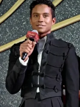 Black wool Jaafar Jackson Michael Premiere Black Jacket featuring unique front toggle fasteners and structural design.