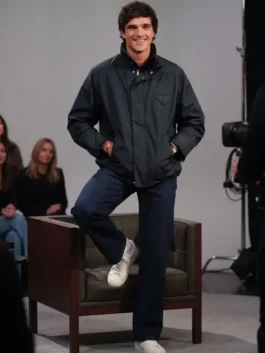 front profile of the Jacob Elordi Jimmy Kimmel Live Jacket detailing the stand up collar and front closure.