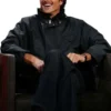 Sleek black parachute fabric Jacob Elordi Jimmy Kimmel Live Jacket featuring a stand up collar and dual zip closure.