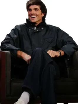 Sleek black parachute fabric Jacob Elordi Jimmy Kimmel Live Jacket featuring a stand up collar and dual zip closure.