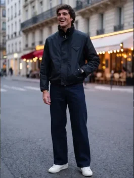 Front view of the black Jacob Elordi Jimmy Kimmel Live Jacket showcasing full length sleeves and clean parachute fabric panels.