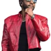 Red leather Jason Derulo Roundhay Festival Jacket with a stand up collar and modern zipper closure.