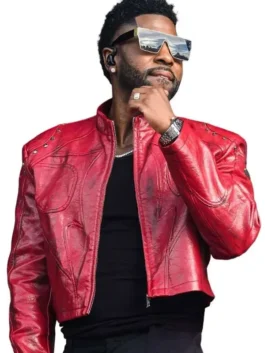 Red leather Jason Derulo Roundhay Festival Jacket with a stand up collar and modern zipper closure.