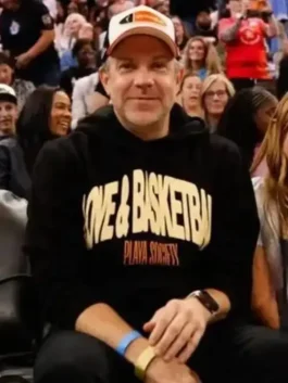 Black fleece Jason Sudeikis WNBA All-Star Game Hoodie featuring a soft hooded collar and pullover closure.
