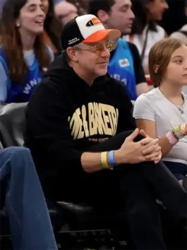 Black fleece Jason Sudeikis WNBA All-Star Game Hoodie showcasing full length sleeves and a spacious kangaroo pocket.