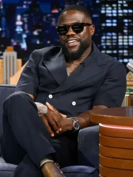 Navy blue suiting fabric The Tonight Show S13 Kevin Hart Blazer featuring a classic lapel collar, half length sleeves, and front button closure.