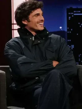 view of the black Jacob Elordi Jimmy Kimmel Live Jacket highlighting full length sleeves and sleek tailored finish.