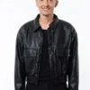 Sleek black real leather Joe Bird Leviticus Black Leather Jacket featuring a classic shirt collar and front zipper closure.