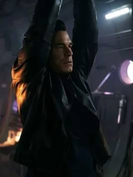 Black real leather Matchbox the Movie John Cena Leather Jacket featuring an erect collar and front zipper closure.