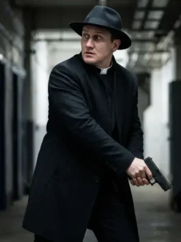 Sleek black wool Josh Stewart The Punisher Black Coat featuring a stand up collar and front button closure.