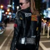 Josephine Skriver NYC 2018 Black Leather Jacket in black real leather with a shirt collar and front zipper.