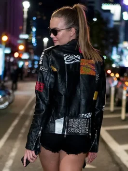Josephine Skriver NYC 2018 Black Leather Jacket in black real leather with a shirt collar and front zipper.