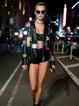 Close-up of Josephine Skriver NYC 2018 Black Leather Jacket showing real leather and a shirt style collar.