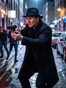 Front view of the black wool coat from the Josh Stewart The Punisher Black Coat highlighting full length sleeves and clean stitching.