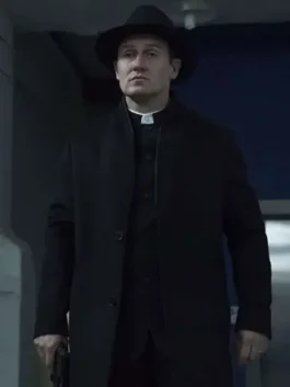 Front profile of the black wool Josh Stewart The Punisher Black Coat detailing the button front and crisp collar tailoring.