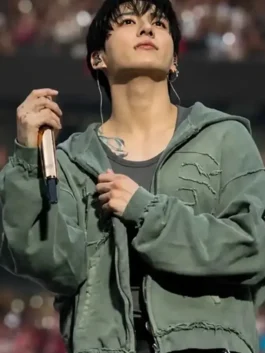 Green Jungkook Arirang London Green Hoodie worn by Jungkook during the Arirang London Tour bringing bold K-pop stage energy to every fan