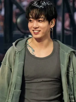 Front view of the green Jungkook Arirang London Green Hoodie putting the full Jungkook Arirang London Tour stage inspired design on bold display