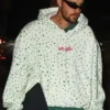 Full front view of the white Justin Bieber FIFA World Cup Final Hoodie showcasing its spacious kangaroo pocket design.