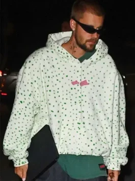 Full front view of the white Justin Bieber FIFA World Cup Final Hoodie showcasing its spacious kangaroo pocket design.
