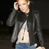 Front view of the black leather Kate Hudson Biker Jacket highlighting the functional multiple zipper pockets.