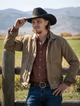 Brown cotton Marshals Luke Grimes Cotton Jacket featuring a shirt style collar and front button closure.
