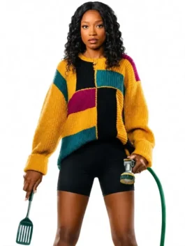 The modern Keke Palmer The Burbs 2026 Colorblock Sweater highlighting its unique knit patterns and round neck collar.