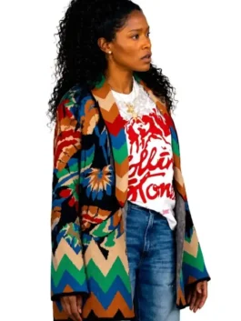 A professional shot of the Keke Palmer The Burbs 2026 Multicolor Cardigan featuring full length sleeves and belted waist.