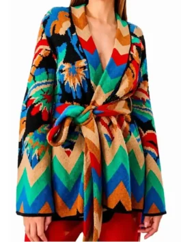 Front profile of the Keke Palmer The Burbs 2026 Multicolor Cardigan showcasing the elegant shawl lapel collar.