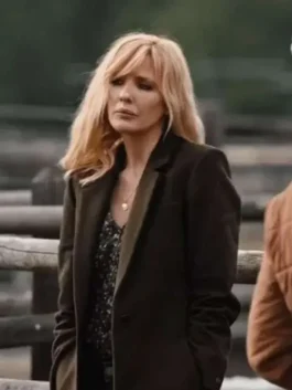 Front view of the Beth Dutton Yellowstone S04 Long Wool Coat showcasing full length sleeves and long line tailoring.