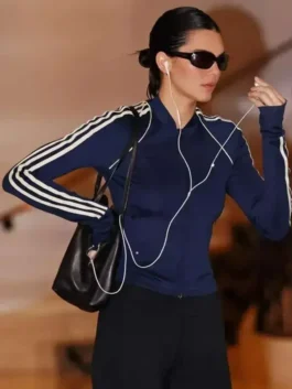 Front view of the navy blue fleece Kendall Jenner 2026 Navy Blue Jacket showcasing full length sleeves and clean track jacket tailoring.