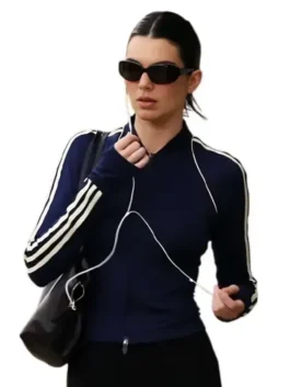 Full front view of the navy blue fleece Kendall Jenner 2026 Navy Blue Jacket highlighting three convenient utility pockets.